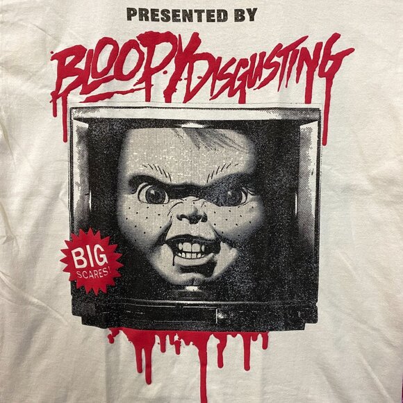 Bloody Disgusting X Chucky Child's Play Horror Beige T-Shirt Medium - Picture 2 of 5